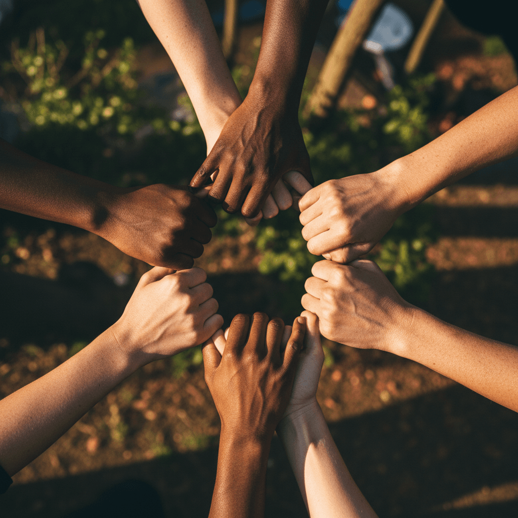 Diverse hands joining together in community circle