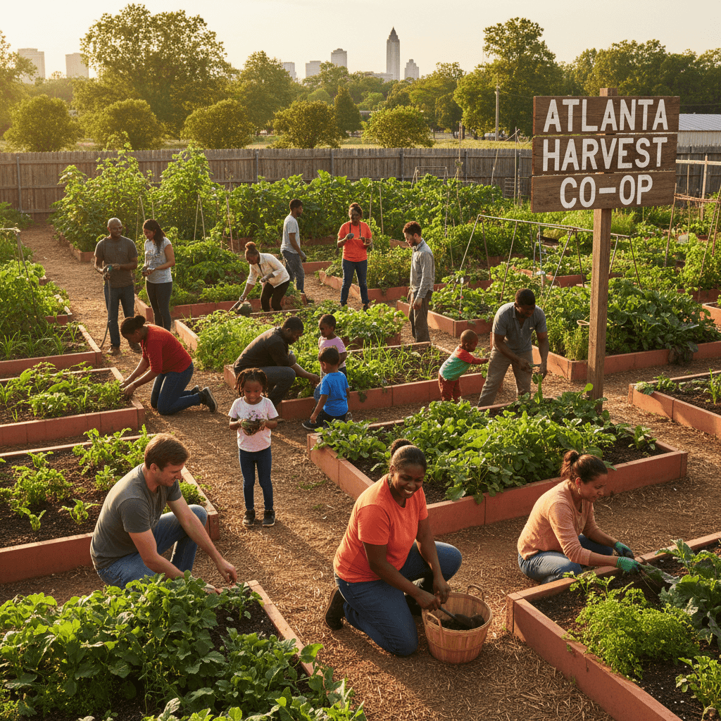 Community members tending garden beds together