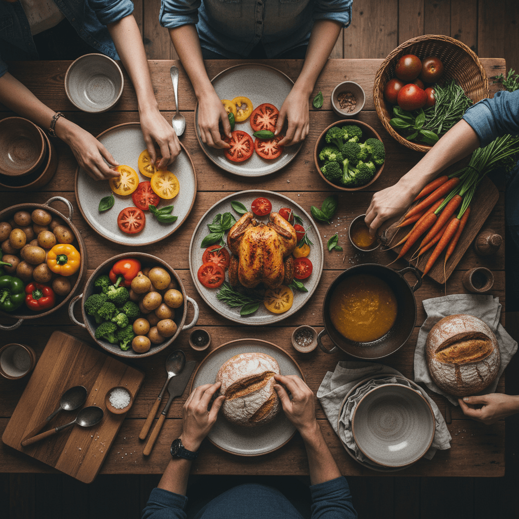Volunteers preparing community meal together
